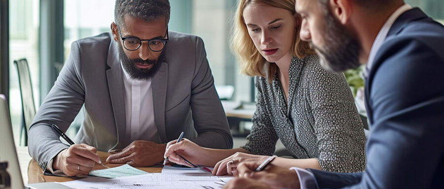 Tax advisory consultants analyzing financial documents during a strategy session at Gordon Associates, a provider of advisory services.